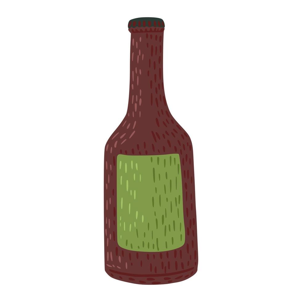 Bottle beer with green label isolated on white background. Graphic design element in doodle style. vector