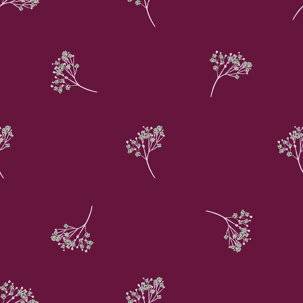 Minimalistic seamless pattern with doodle hand drawn gypsophila ornament. Purple dark background. vector