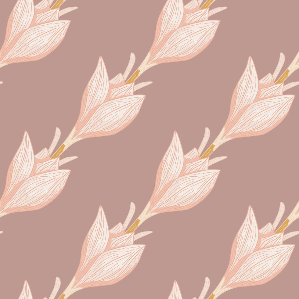 Minimalistic botanic seamless pattern with outline crocus shapes. Beige tones floral artwork. vector
