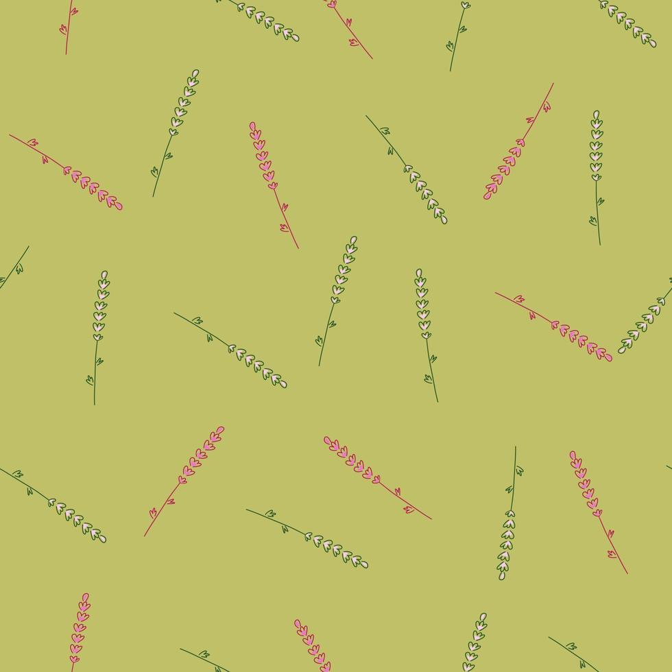 Botanic abstract seamless pattern with random pink and green lavender contoured ornament. Green background. vector
