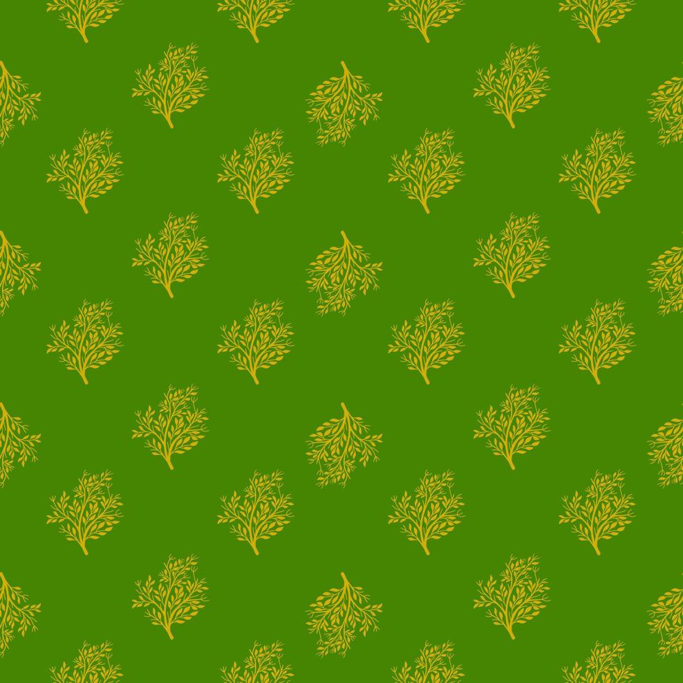 Decorative seamless pattern with doodle tree silhouettes shapes. Green bright background. Seasonal print. vector