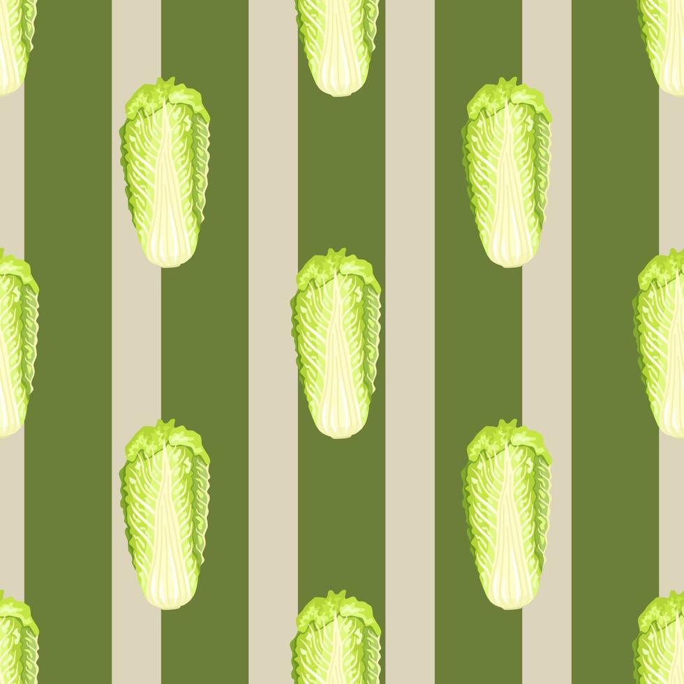 Seamless pattern Chinese cabbage on stripes background. Simple ornament with lettuce. vector