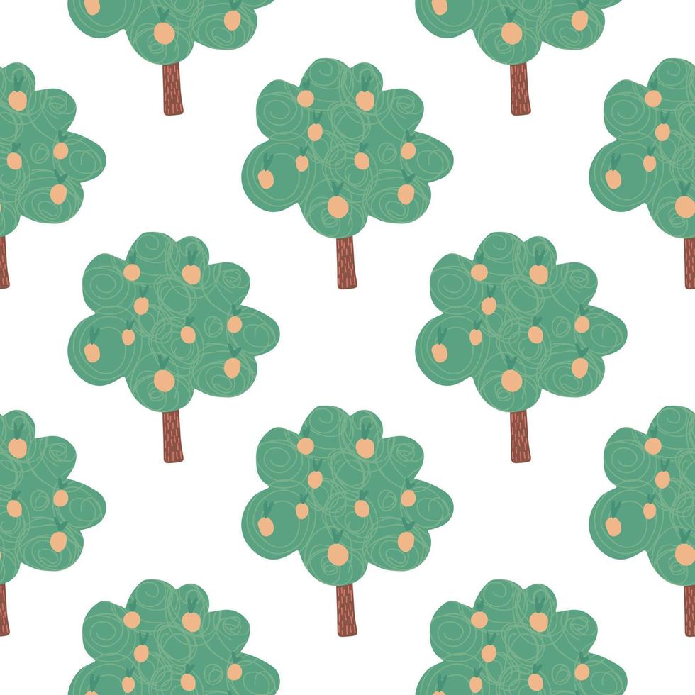 Fruit trees seamless pattern on white background. Doodle apple tree landscape. vector