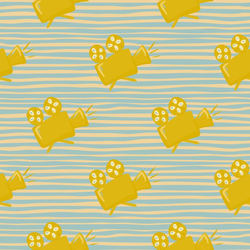 Bright yellow camera silouettes seamless pattern. Hand drawn cinema ornament on stripped background. vector
