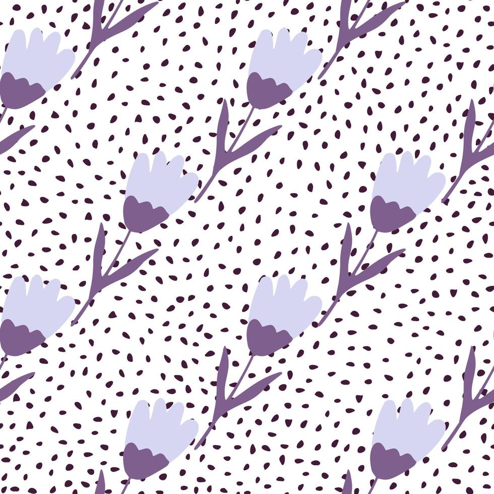 Purple tulip seamless pattern on dots background. Cute flower wallpaper. Abstract floral backdrop. vector