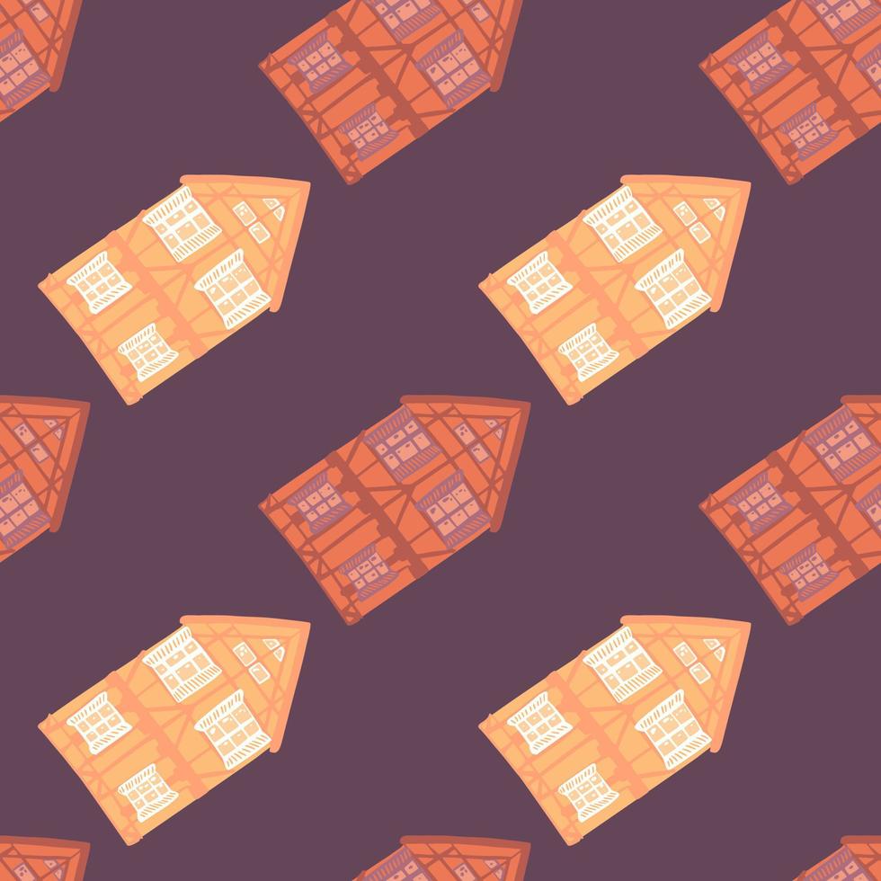 Town seamless pattern with doodle house orange and red print. Purple background. Simple home backdrop. vector
