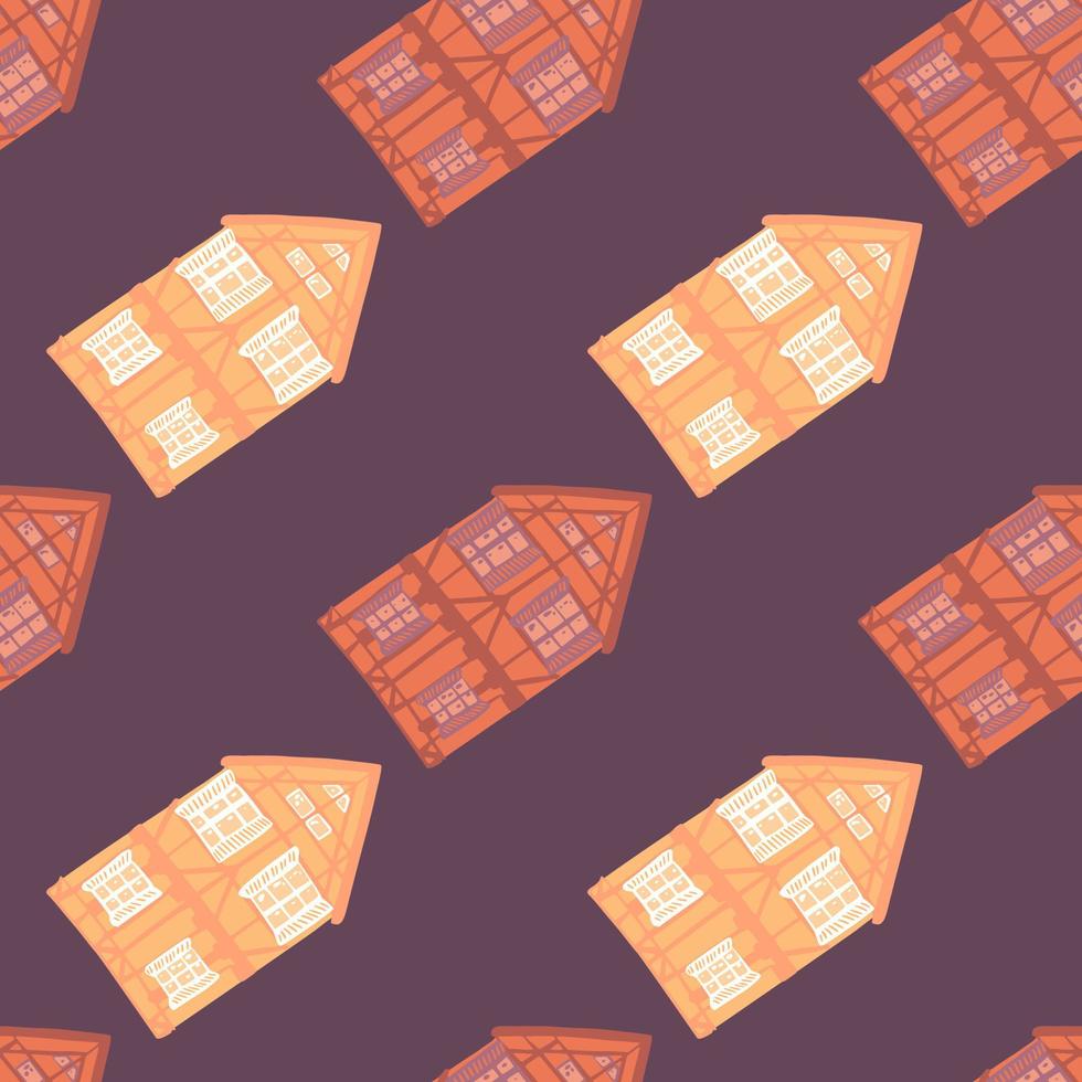 ciudad de patrones sin fisuras con la casa de garabatos naranja y estampado rojo. fondo morado telón de fondo de casa simple. vector