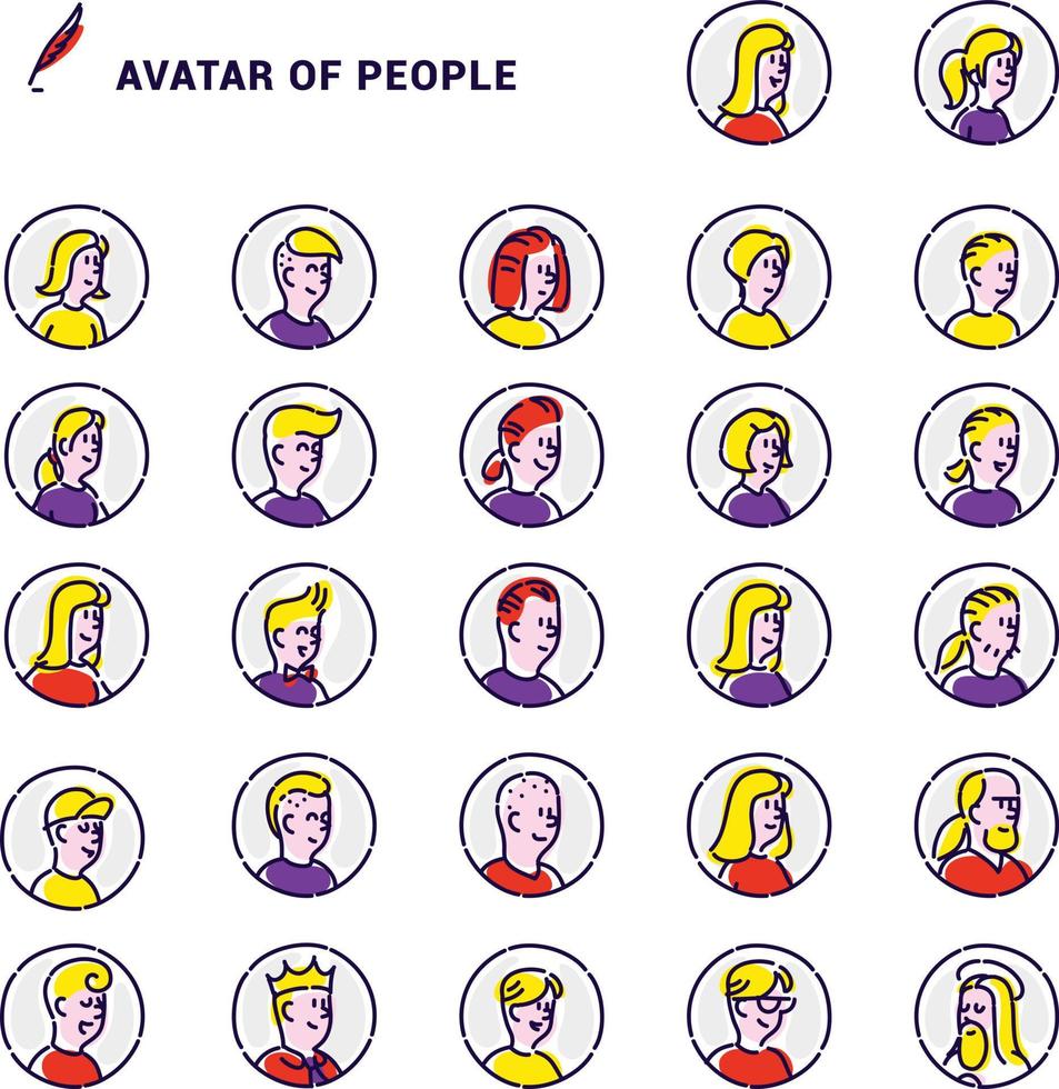 conjunto de avatares vectoriales de iconos de hombres y mujeres. avatares de contorno redondo sobre un fondo blanco. conjunto listo para el sitio web y presentaciones. puede usarse para imprimir. un tema arbitrario. vector