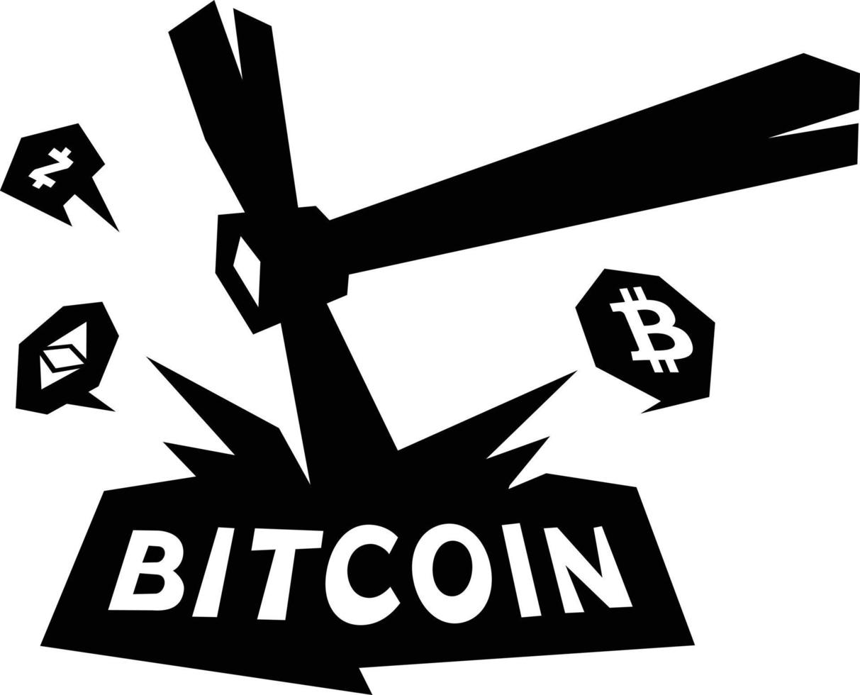 Mining logo, bitcoin mining. Metal pickax extracting crypto currency. Vector logo. Logo for company isolated on white background. Brand of the company. Emblem on the miners.