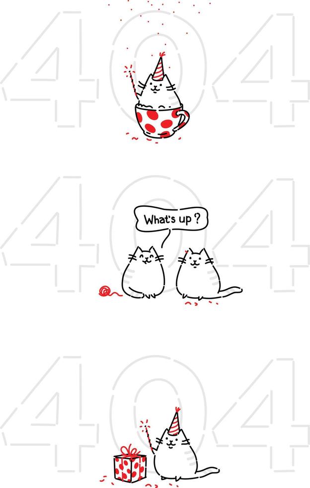gato gracioso de dibujos animados en la página 404. ilustración plana vectorial. el personaje está aislado en un fondo blanco. personaje de gato para el error de página 404. gatito divertido para el sitio y postales. mascota. vector
