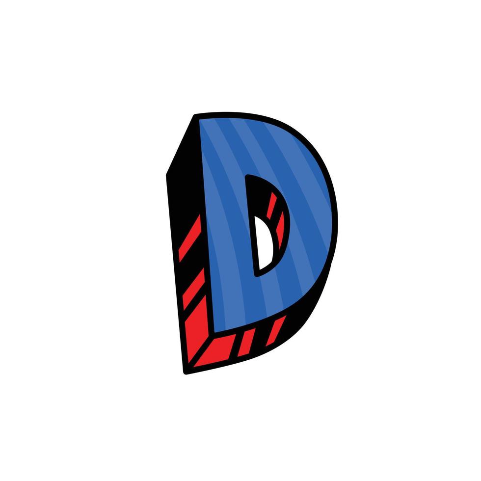 Logo, letter D. Vector. Linear, outline icon. Volumetric mark, 3D. Color capital letter. Illustration with pattern. Symbol on white background. Cartoon style. The image of the circus. vector