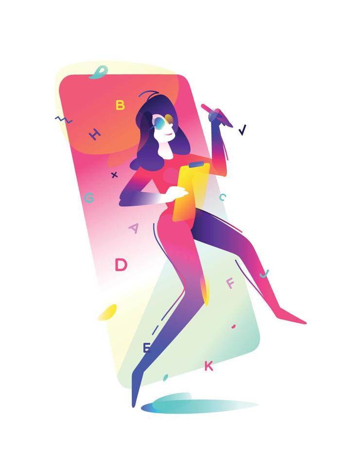 Illustration of a girl on a smartphone background. The woman is the administrator who manages the company. Vector illustration in a flat style. Illustration for banner and website.