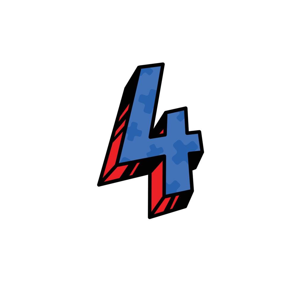Figure 4 in cartoon style. Vector. Dark blue linear, contour figures with blue fill. Bright thick Arabic numerals. Bulk numbers. Patterned fill. vector