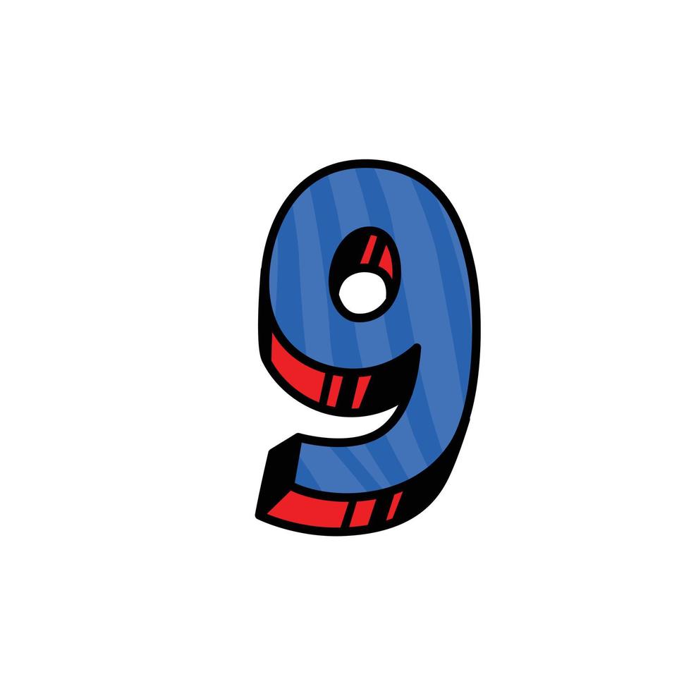 Figure 9 in cartoon style. Vector. Dark blue linear, contour figures with blue fill. Bright thick Arabic numerals. Bulk numbers. Patterned fill. vector