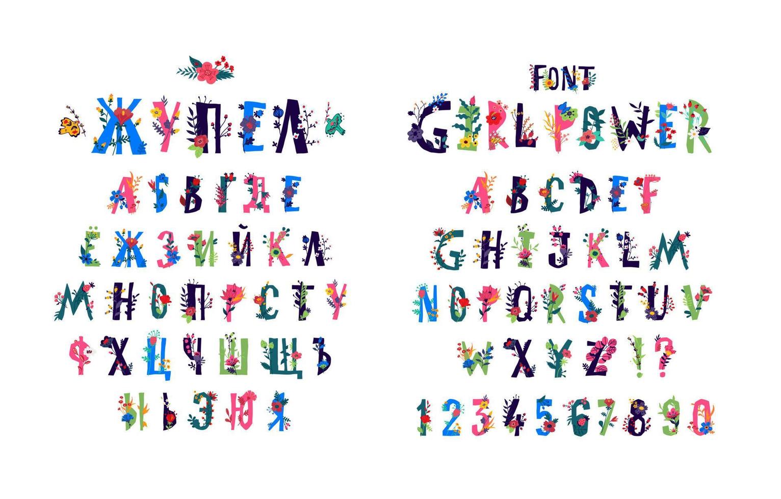 English alphabet in flowers and plants. Vector. Font Girl power. Latin letters in decorative elements. Russian alphabet. Cyrillic. Letters for inscriptions. Wedding invitation. Poster. vector