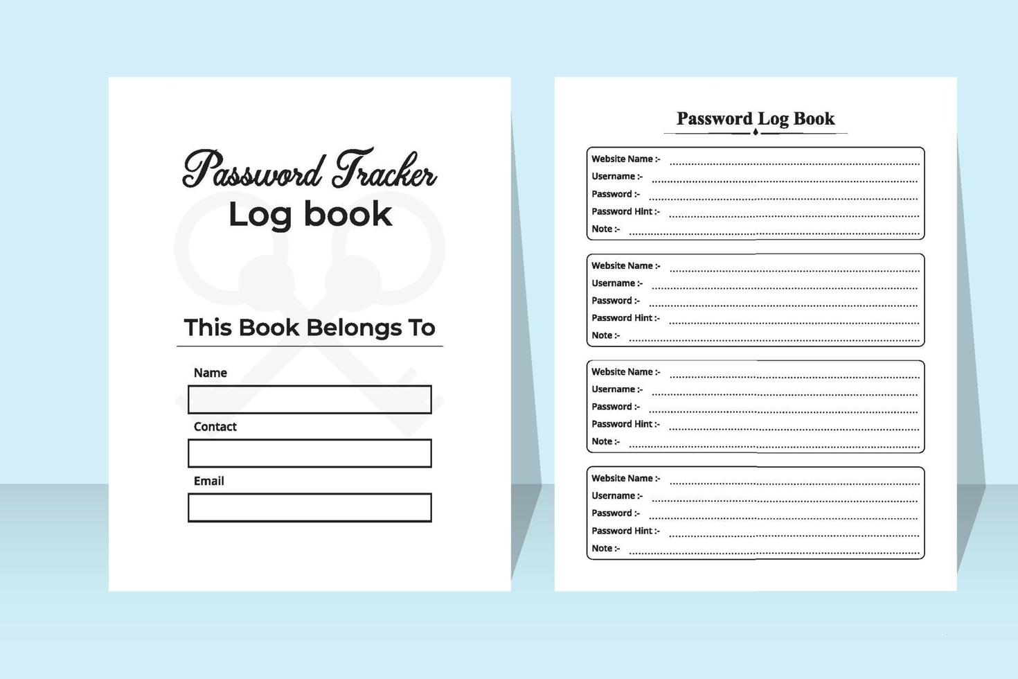 Password tracker and website information journal template. Log book interior. Password tracker notebook interior. Website security information tracker journal interior. vector