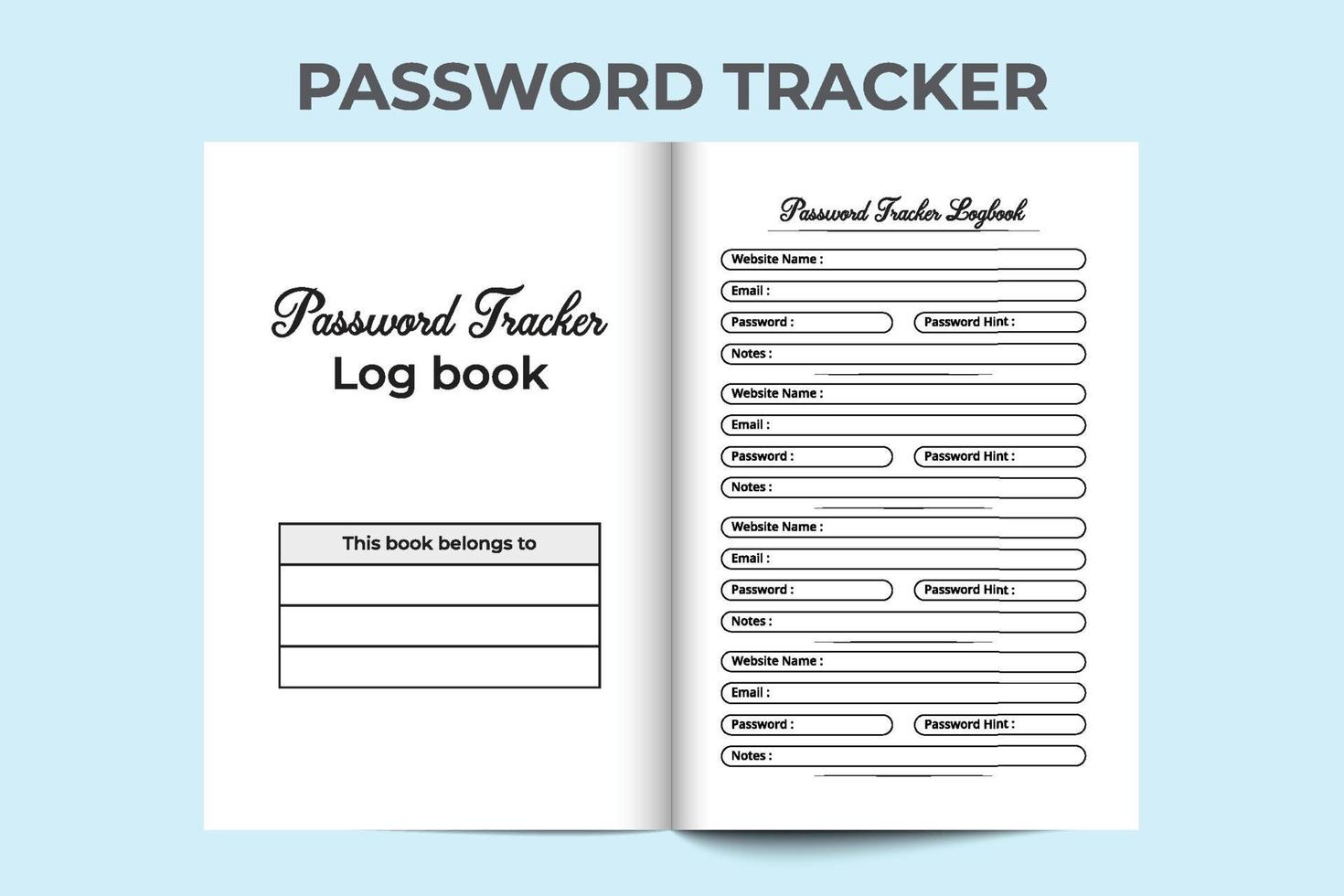 Password tracker journal interior. Password tracker and website information journal template. Log book interior template. Password tracker notebook interior. Website information tracker. vector