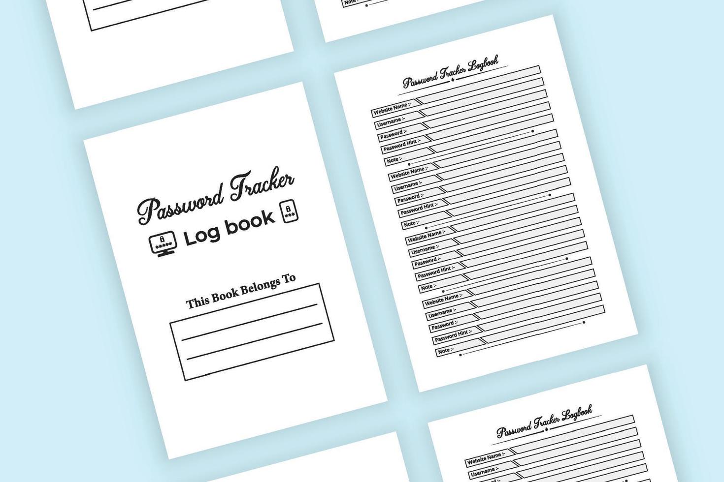 Password tracker journal template. Password tracker log book template. Website information and password tracker notebook interior. Logbook interior. vector