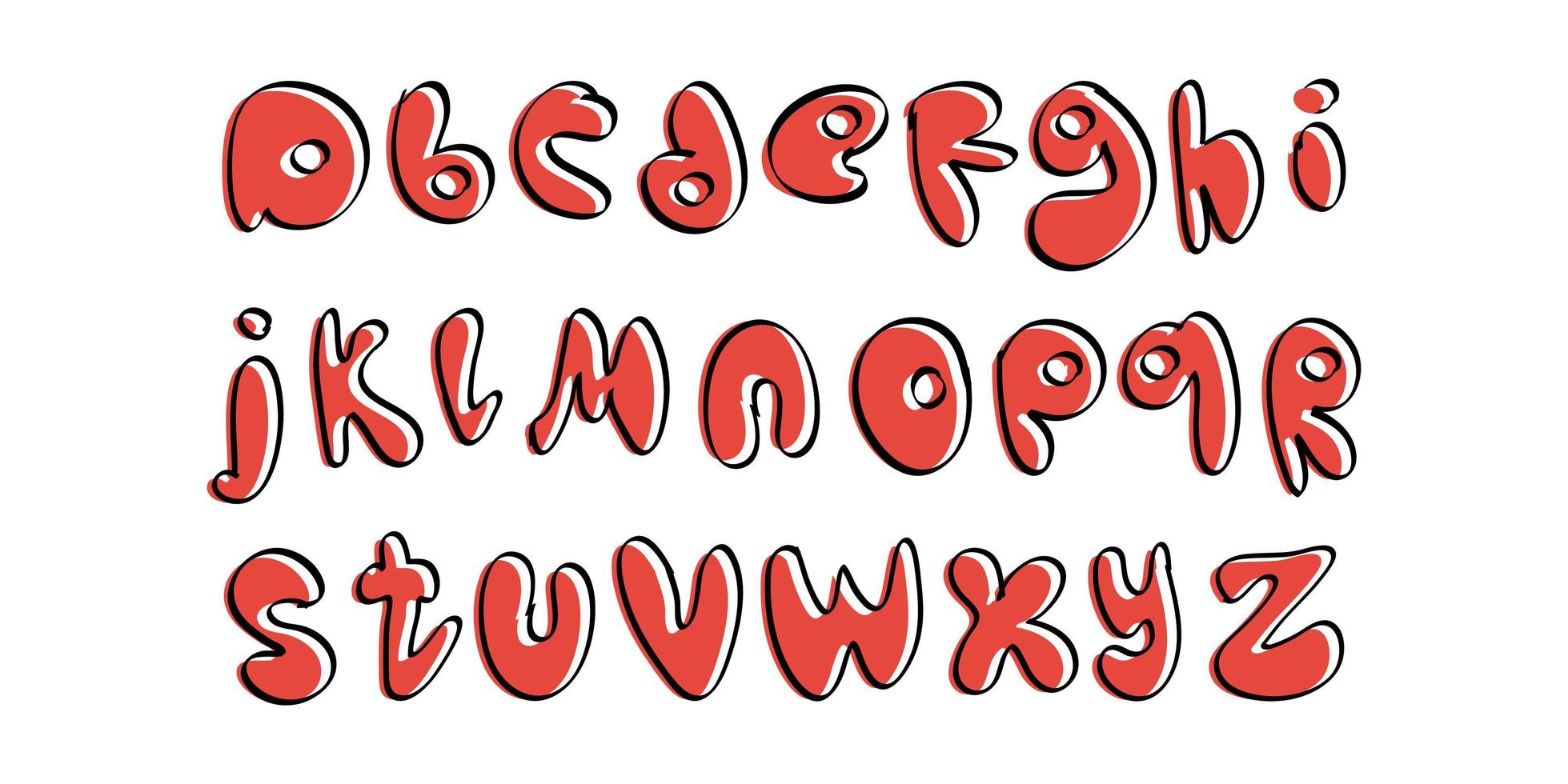 Red handwritten font in doodle style. Alphabet with rounded blown letters. Good for postcards, posters, menu designs or children's books. Vector illustration.
