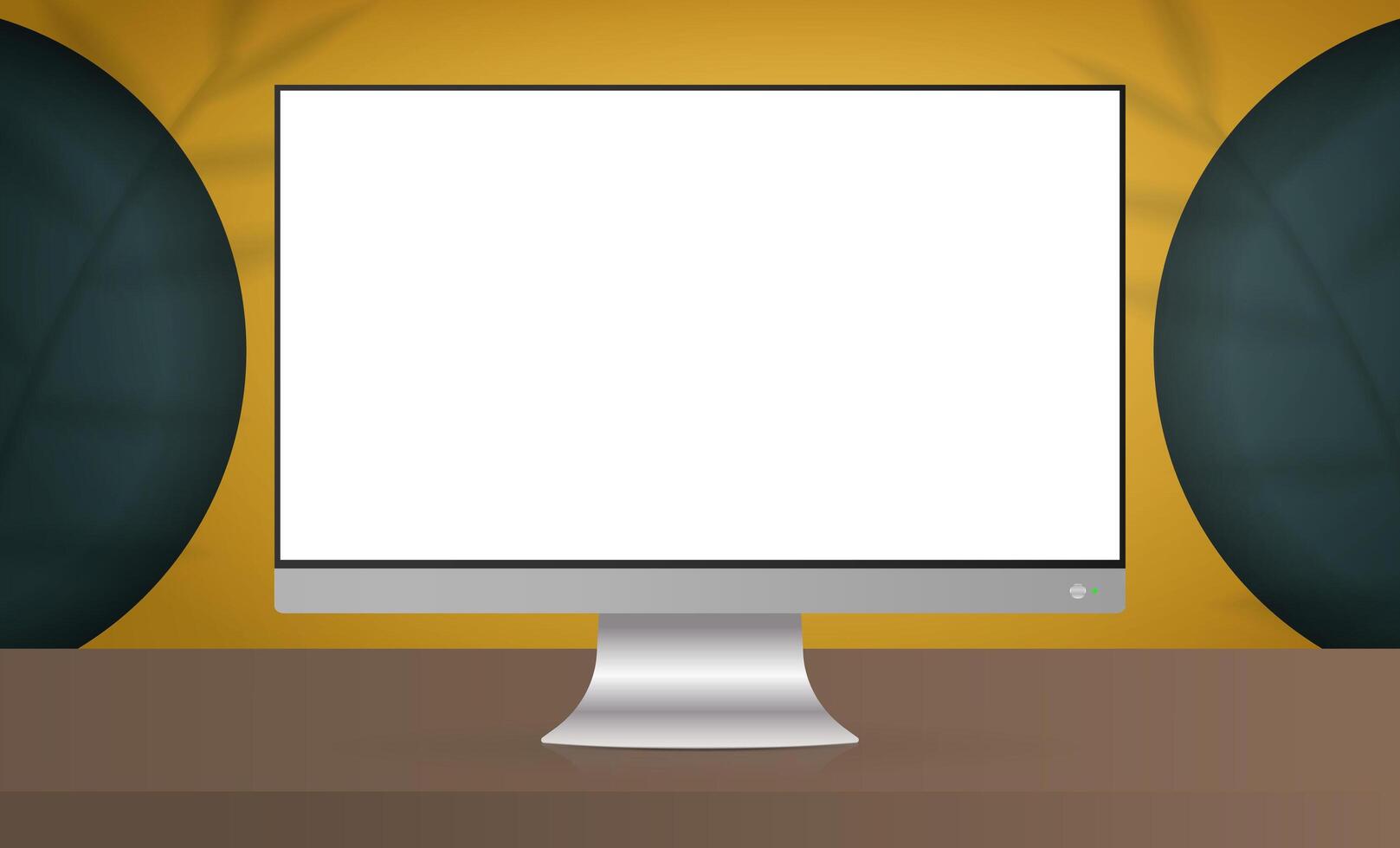 monitor con una pantalla blanca. habitación amarilla con fondo de diseño y estante vacío. espacio de fondo de estudio amarillo con sombras de hojas. vector. estilo realista. vector