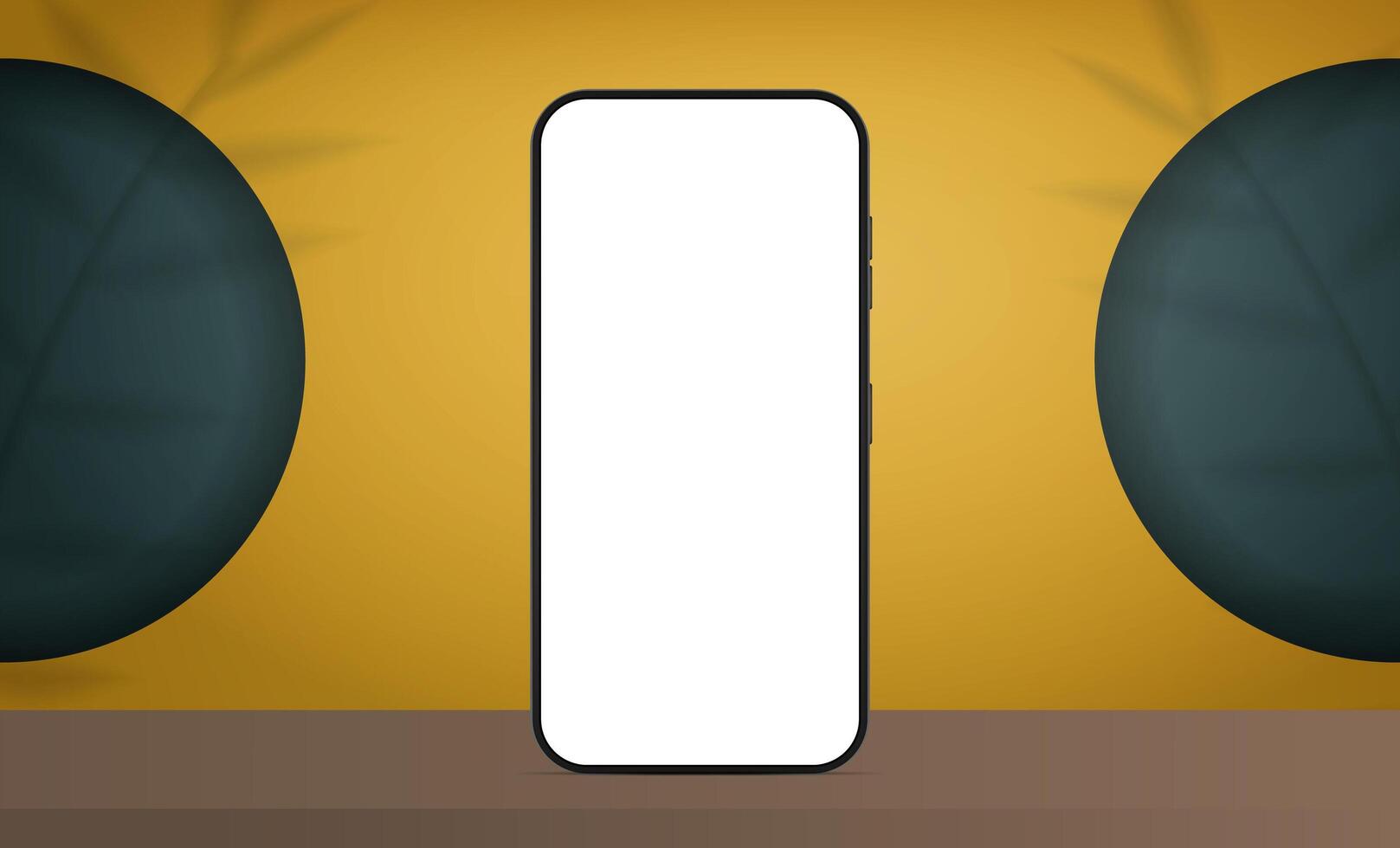 Phone with a white screen. Yellow room with design background and empty shelf. Yellow studio background space with leaf shadows. Vector. Realistic style. vector