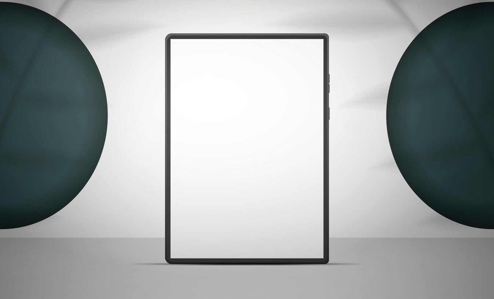 A tablet with a white screen is on the floor. White studio with green circular holes in the wall. Studio background space with leaf shadows. Vector. Realistic style. vector