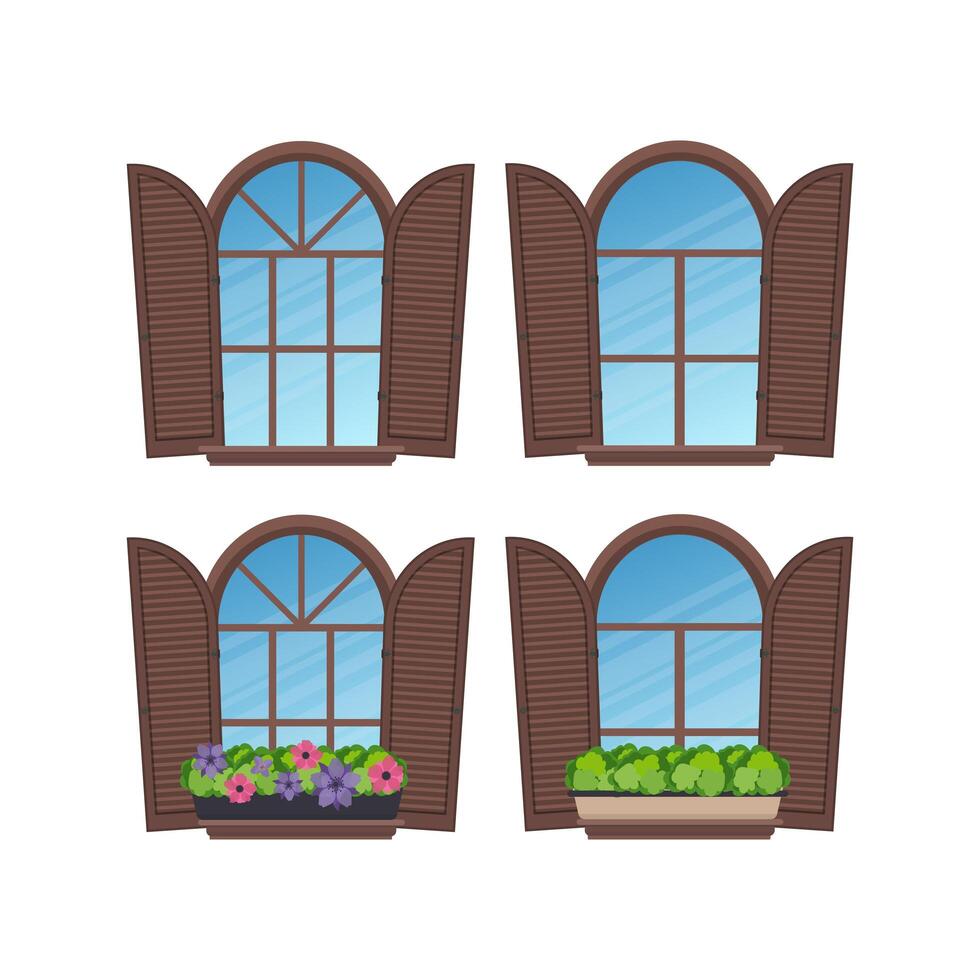 Set of semicircular windows with shutters and flowers. In a flat style. Isolated. Vector illustration.