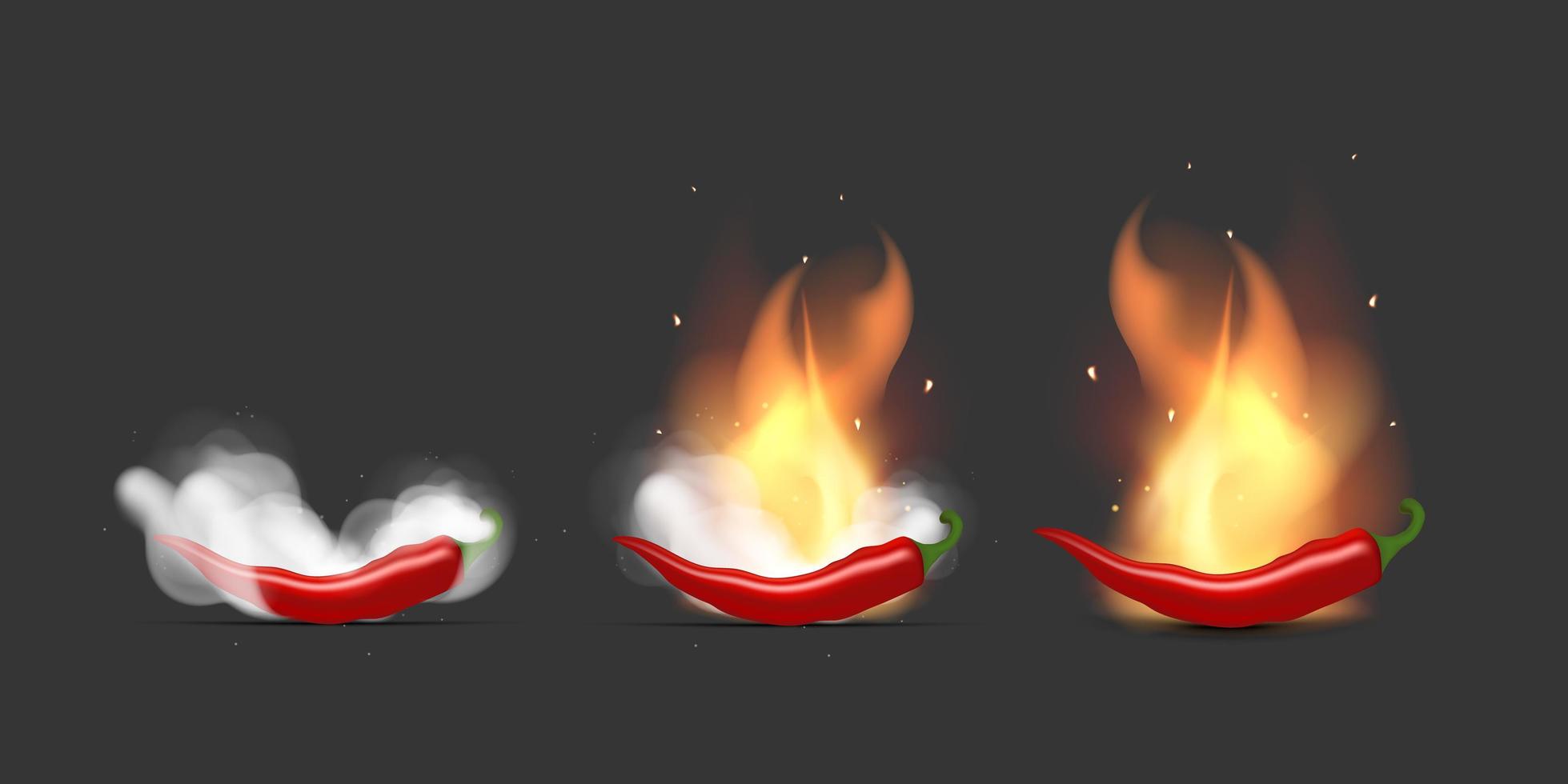 Set of Red hot peppers on fire and smoke. Chili peppers white clouds of smoke and flames. Realistic style. Vector