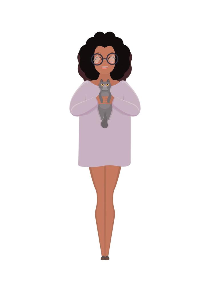 A dark-skinned girl in glasses and a long T-shirt is holding a gray cat. African American girl in full growth. Isolated. Vector. vector