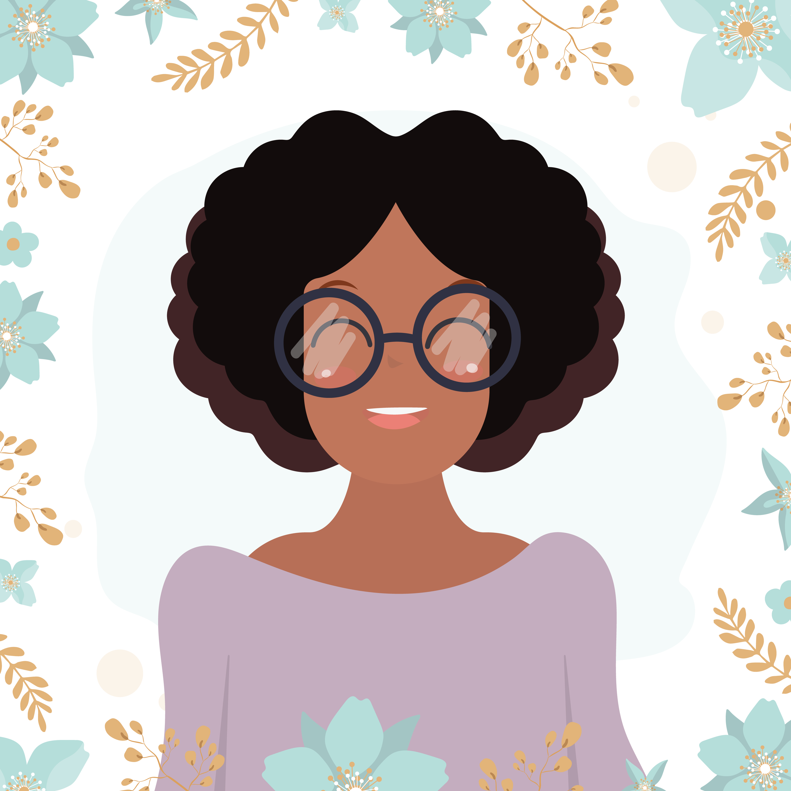 African American girl with glasses. Dark-skinned cute girl with black curly  hair. Floral frame, square banner. Cartoon style. Vector illustration.  5668868 Vector Art at Vecteezy