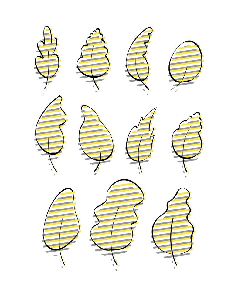 Set of stylish hand-drawn leaves with yellow-gray glitch effect. Doodle style. Elements for the design of postcards, books, menus or advertising. Isolated on white background. illustration. vector