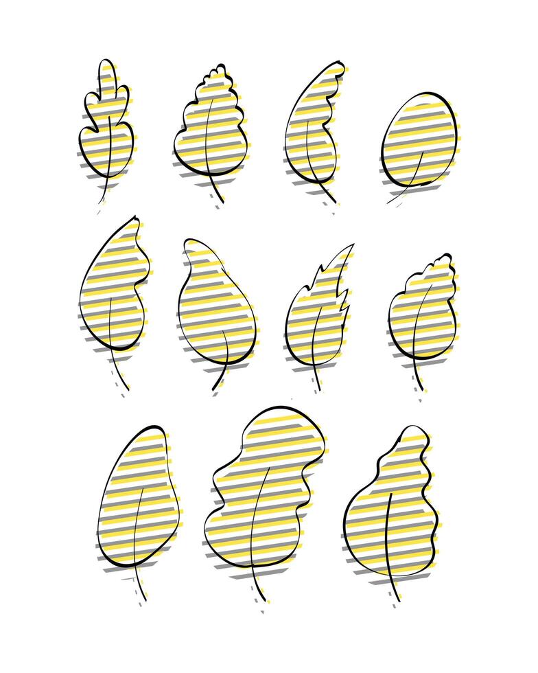 Set of stylish hand-drawn leaves with yellow-gray glitch effect. Doodle style. Elements for the design of postcards, books, menus or advertising. Isolated on white background. Vector illustration.