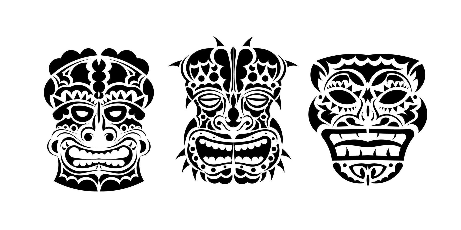 conjunto de caras tatuadas o máscaras en estilo ornamental de tribus polinesias, maoríes o hawaianas. ilustración vectorial aislado. vector