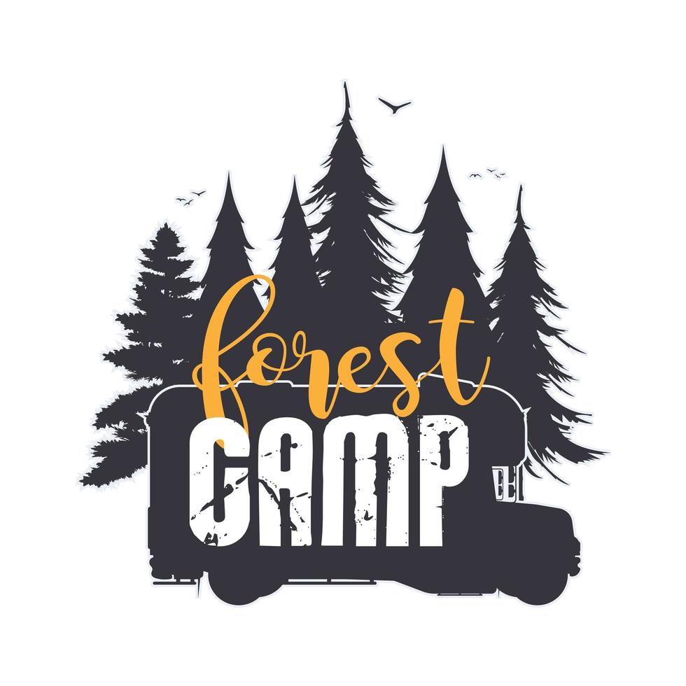 logotipo de camping con silueta de coche y bosque. icono de casa móvil. aislado. vector. vector