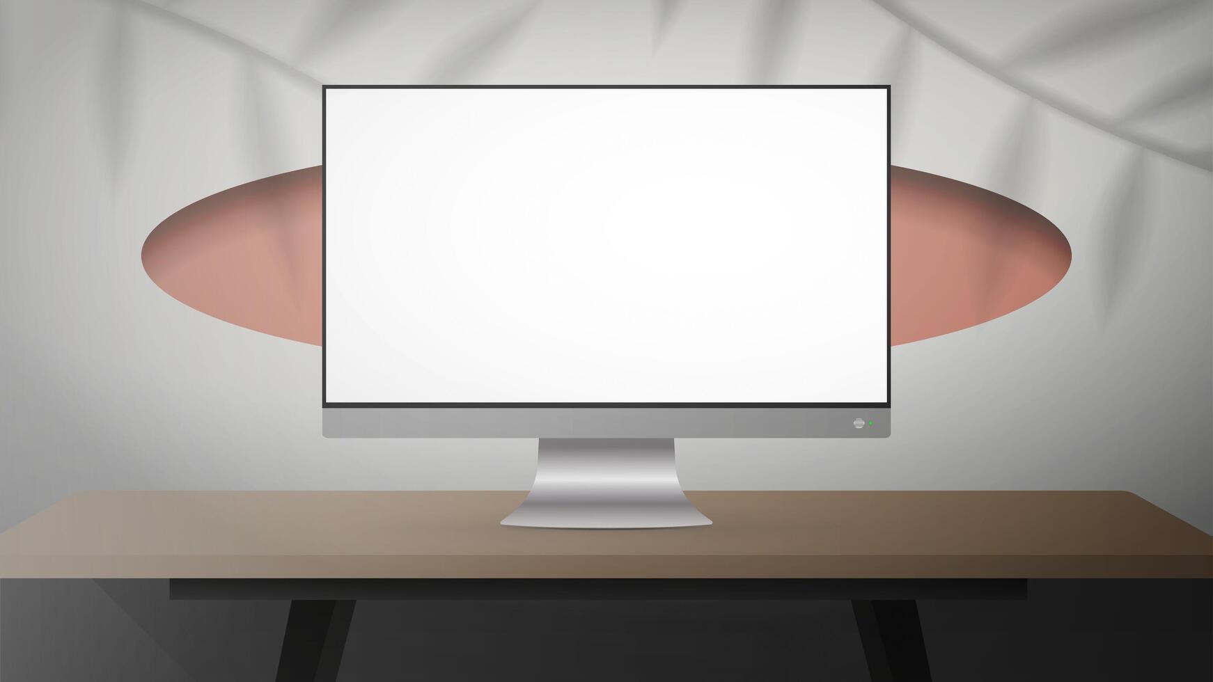 White room with wooden table and monitor. Monitor with a white screen. Shadows from the leaves. Vector illustration, realistic style.