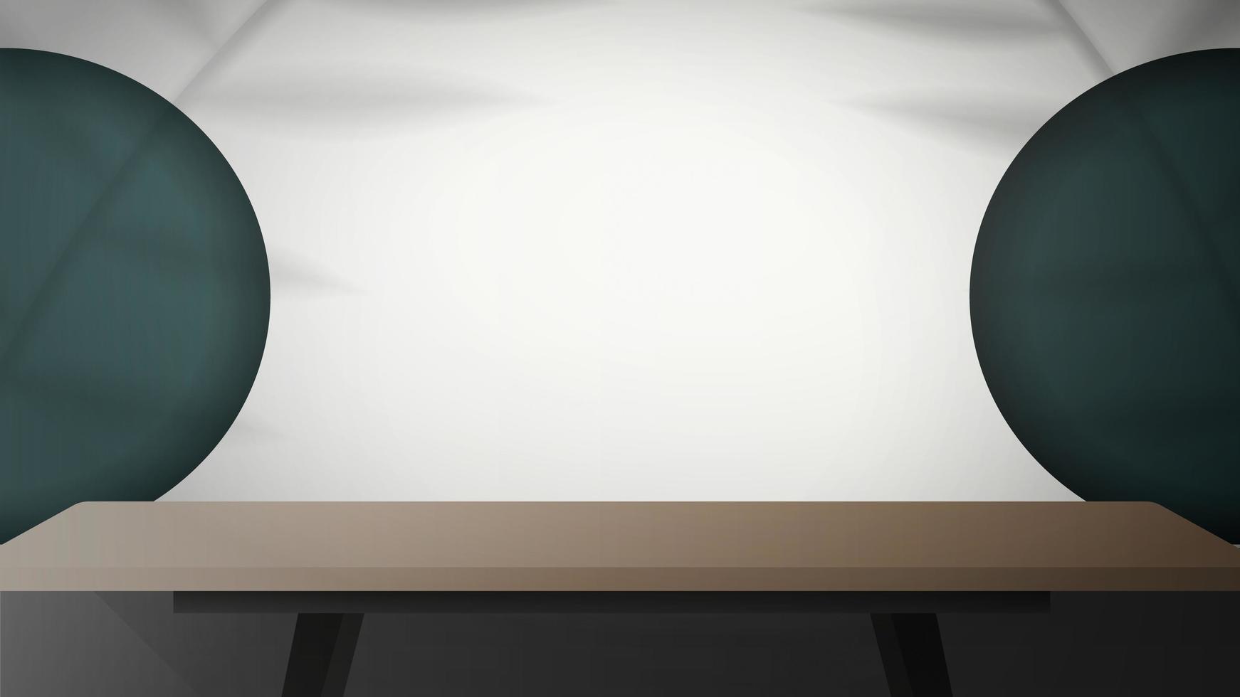 White room with empty work table. A wooden table in a stylish room. Shadows from the leaves. Vector illustration