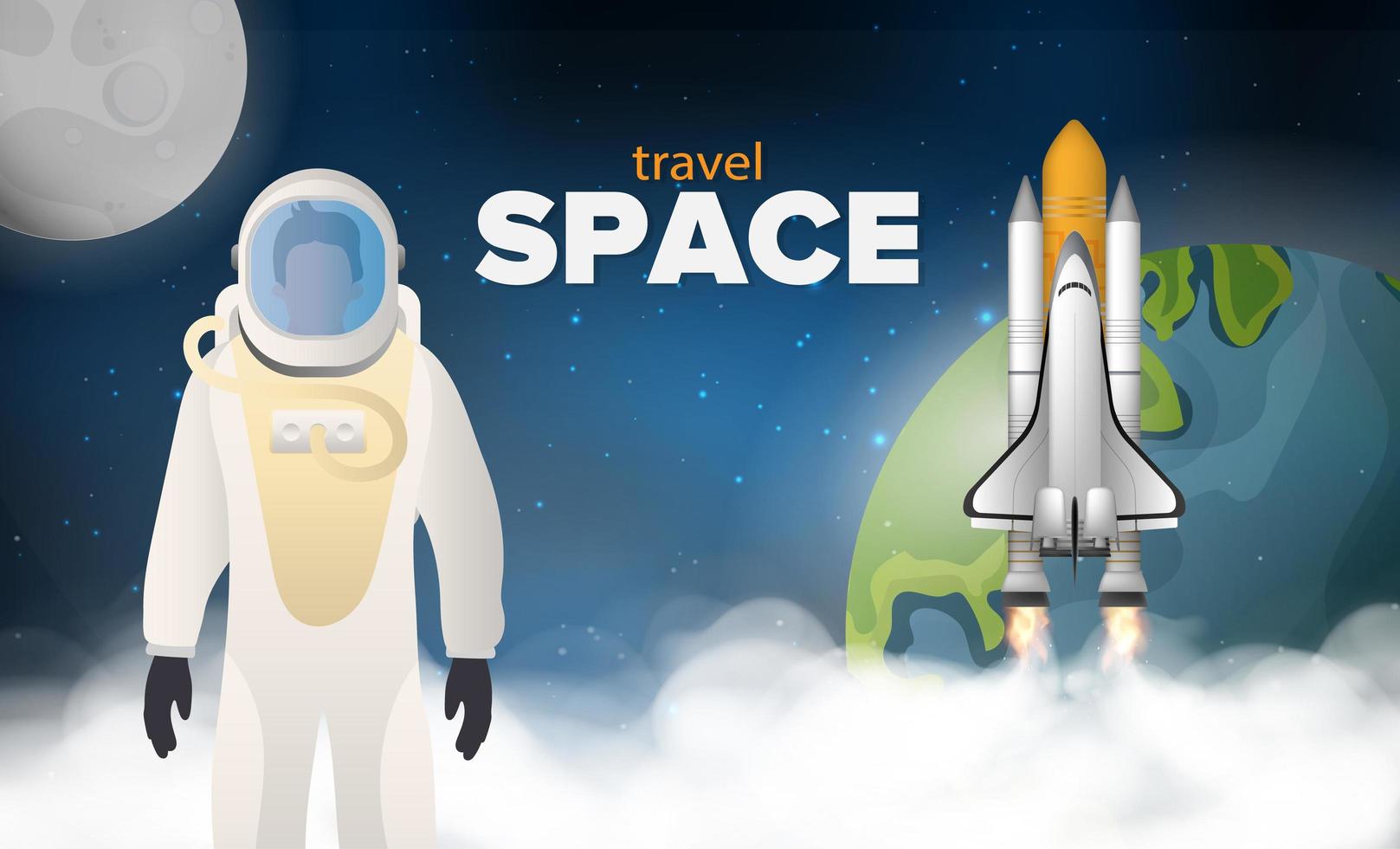 Travel to space. An astronaut in a protective suit. A rocket or shuttle fly in space against the background of space, the planet Earth and the Moon. Realistic style. Vector