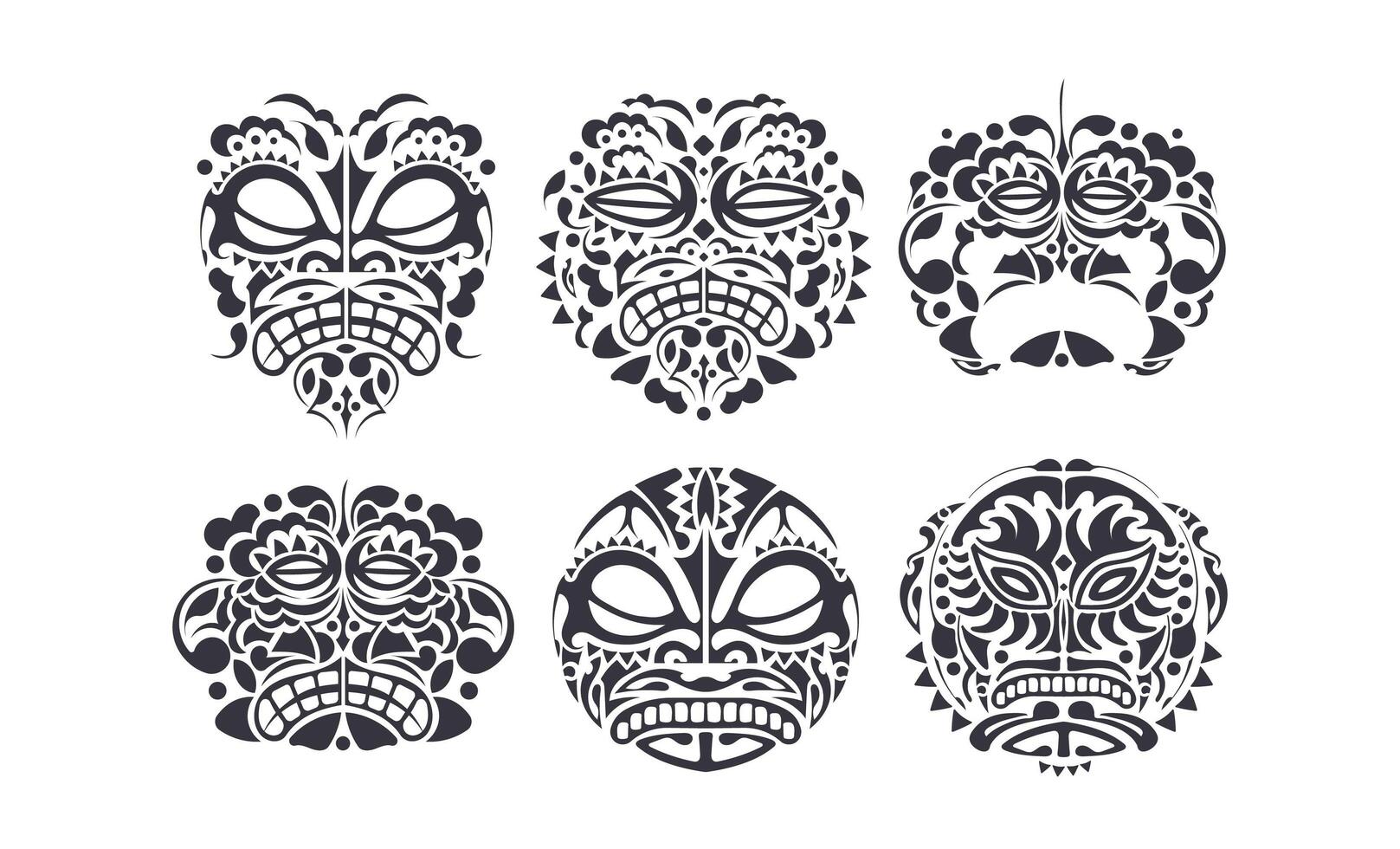 conjunto de diseño vectorial - fondo tribal de arte popular. tótem de cabeza tiki hawaiano y polinesio. vector