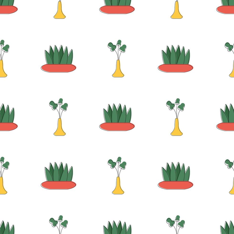 Seamless background with flowers in a pot. Minimalism background with flower pots and triangles. Line art. Vector illustration.