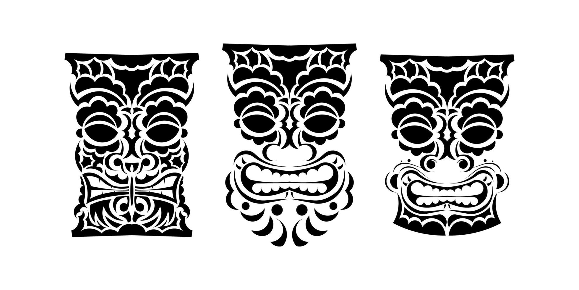 Set of Faces totems in ornament style. Polynesian, Maori or Hawaiian tribal patterns. Good for prints, tattoos, and t-shirts. Isolated. Vector illustration.