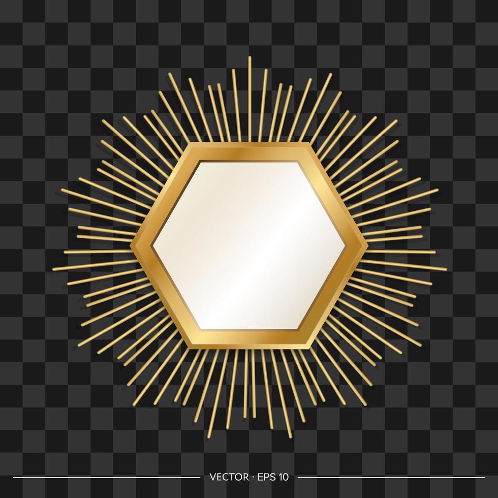 Designer hexagonal mirror with golden frame and beams around. Realistic style. Vector illustration.