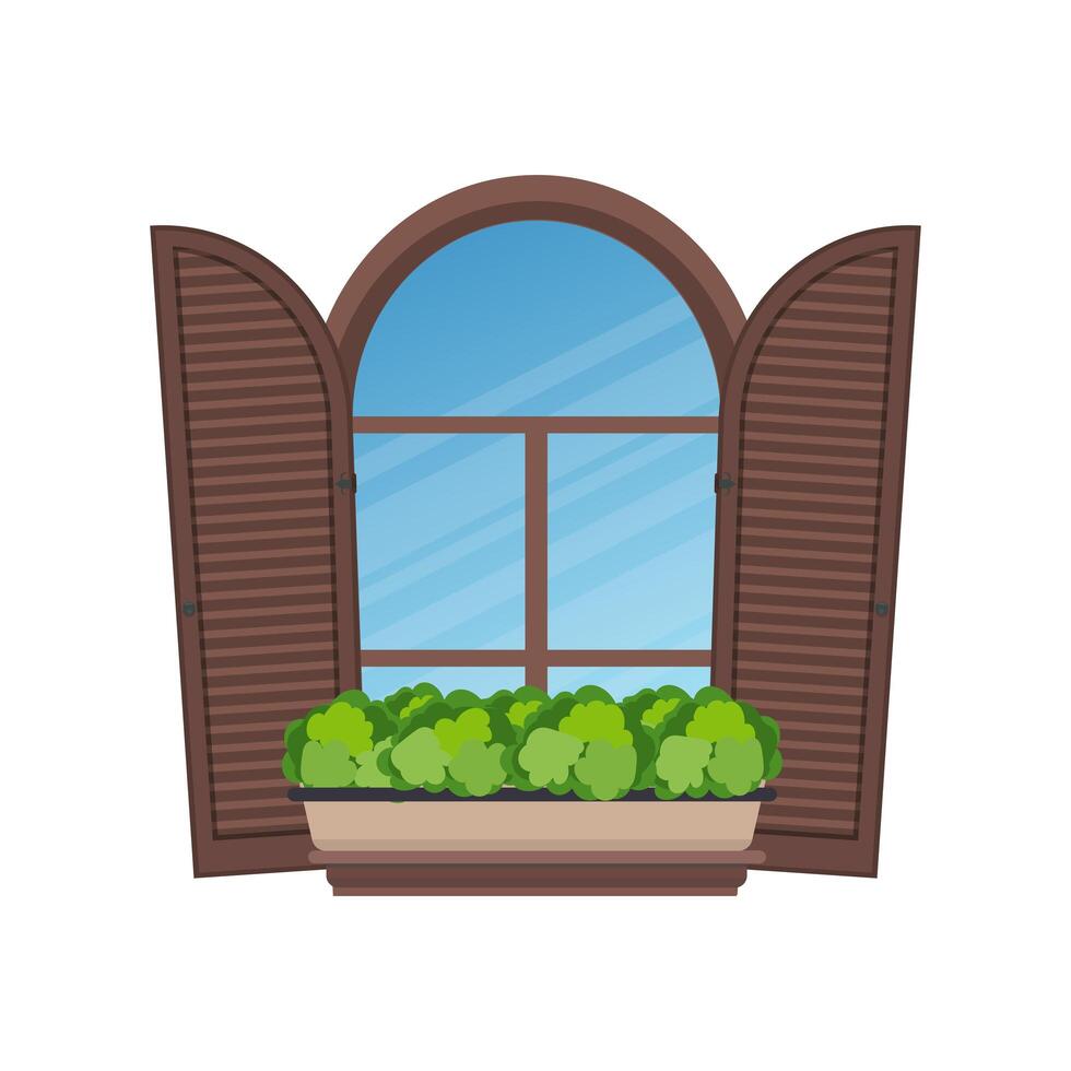 Semicircular arched window with flowers and security shutters in Italian style. Vector