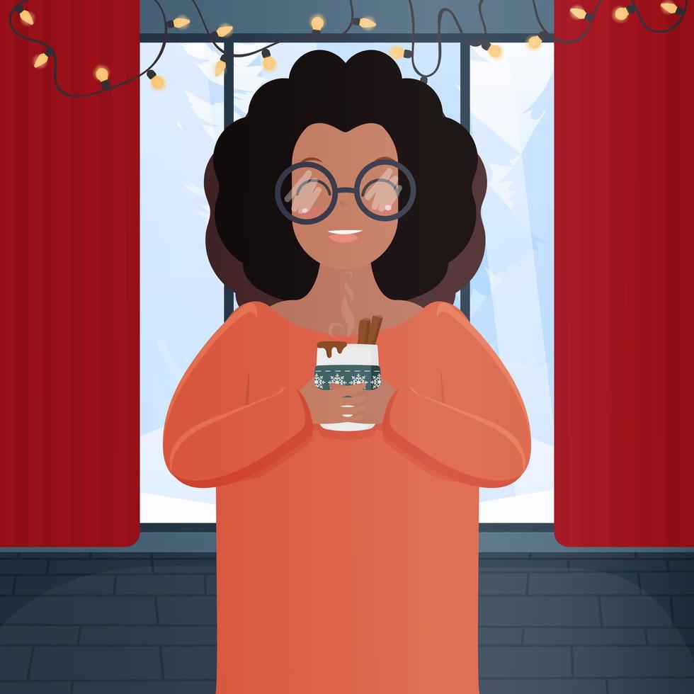 una mujer de piel oscura con una bebida caliente en una habitación con una gran ventana panorámica. niña afroamericana con gafas sostiene una taza en sus manos. estilo plano concepto de año nuevo y navidad. vector. vector