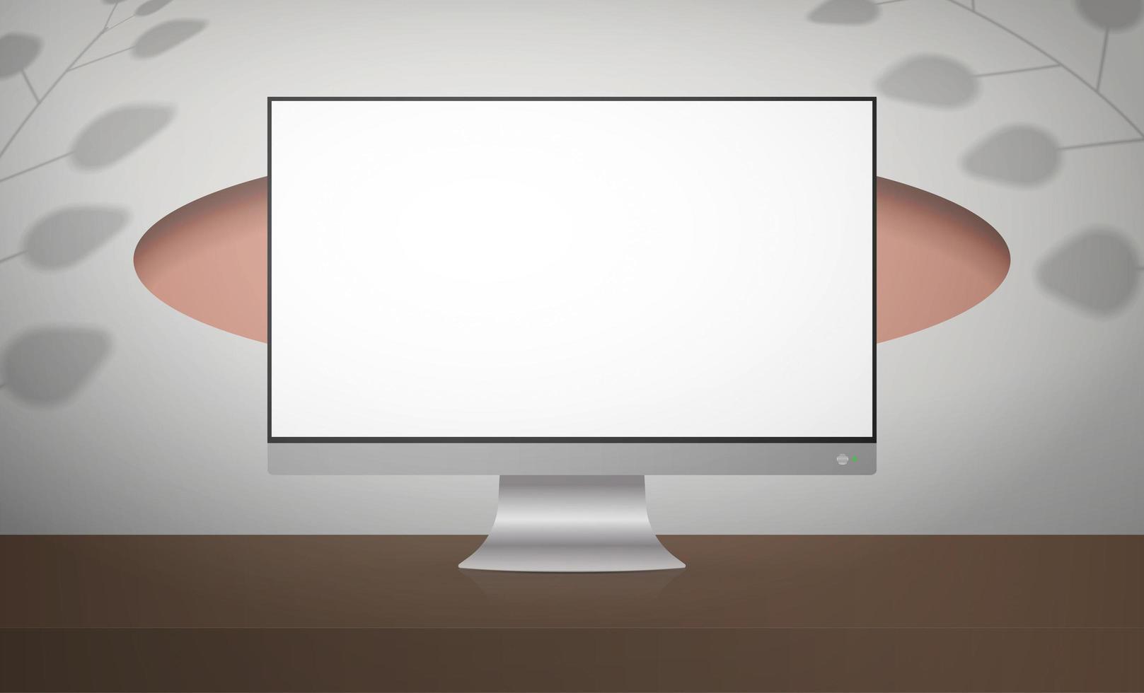 un monitor con una pantalla blanca se encuentra sobre una mesa de madera. habitación blanca con un diseño elegante. banner listo para su anuncio. ilustración vectorial estilo realista. vector