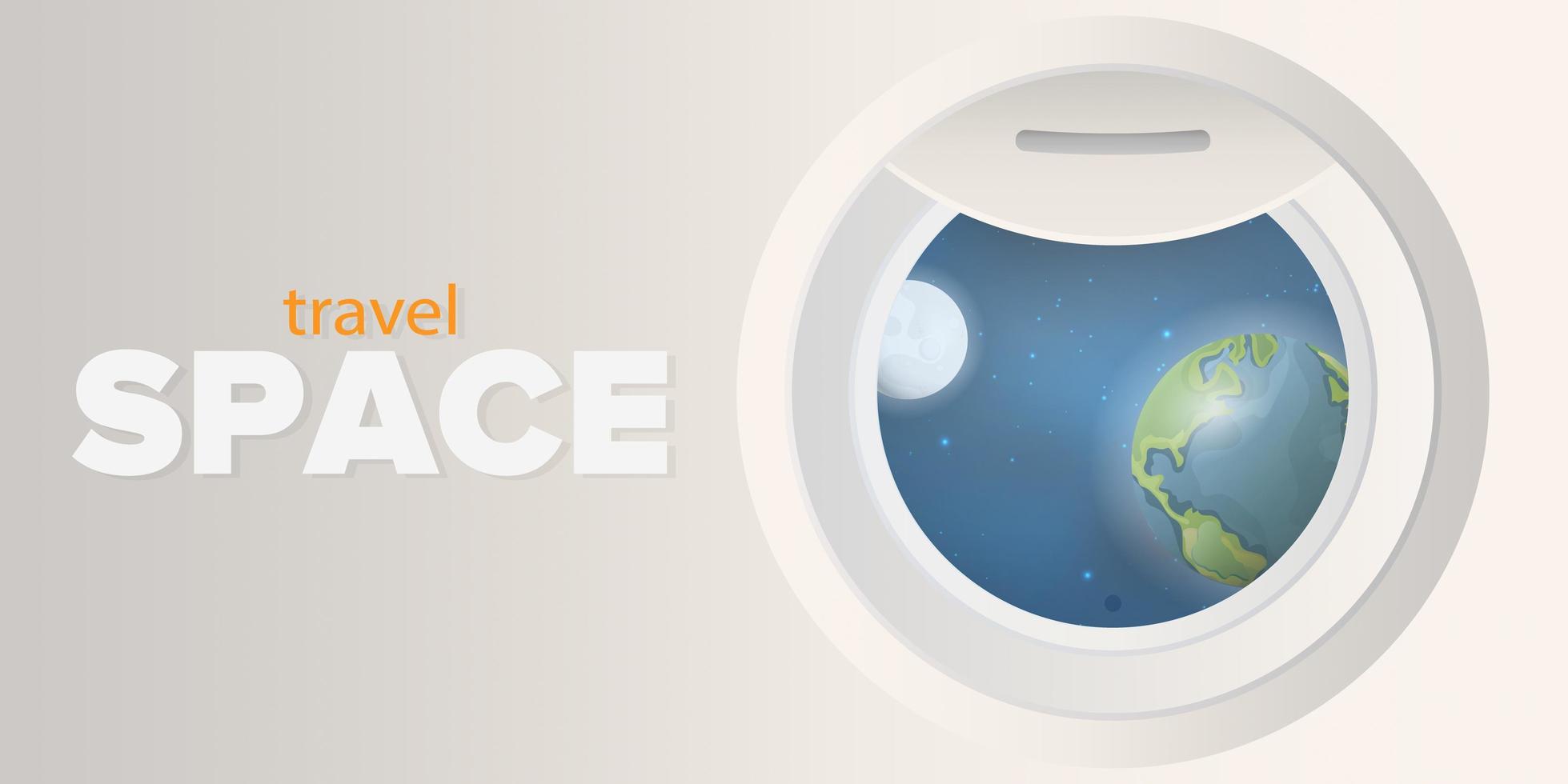 Travel to space banner. Porthole with a view of the planet Earth and the Moon. Vector illustration.