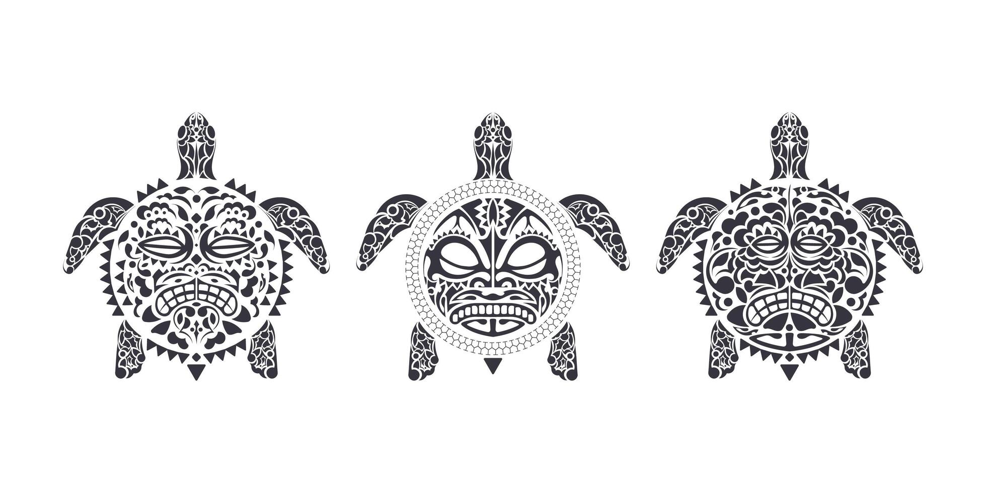 Set of Turtles in Tribal Polynesian tattoo style. Turtle shell mask. Maori and Polynesian culture pattern. Handmade. Vector illustration.