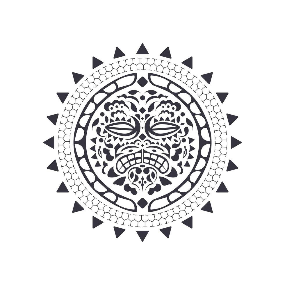 Polynesian Hawaiian style tattoo in the shape of a round mask. Tribal round pattern of the Mayan tribe. Isolated. illustration. vector