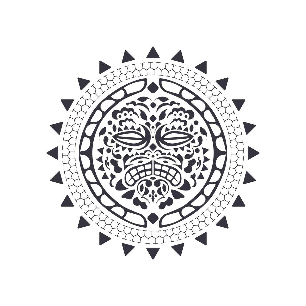 Polynesian Hawaiian style tattoo in the shape of a round mask. Tribal round pattern of the Mayan tribe. Isolated. Vector illustration.