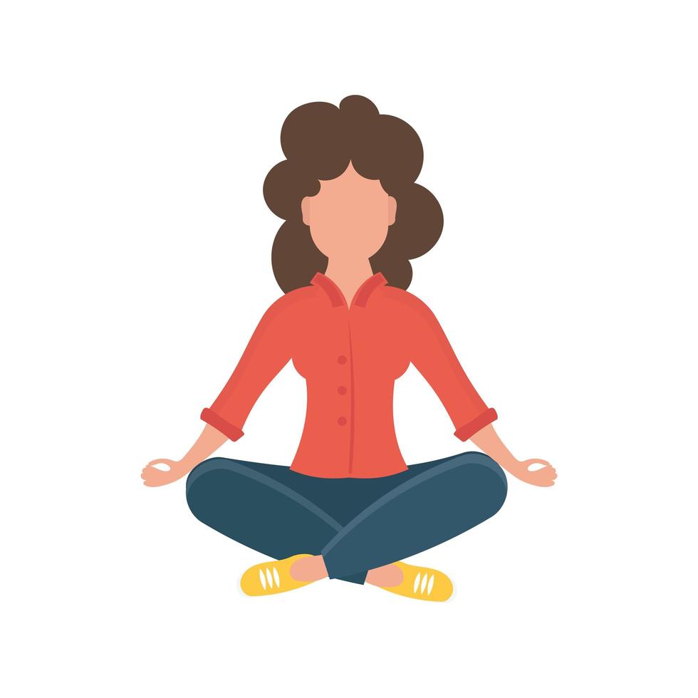 una joven en una pose de yoga hace meditación, práctica de atención plena, disciplina espiritual. una mujer está sentada con las piernas cruzadas en el suelo y meditando. aislado. estilo de dibujos animados plana. ilustración vectorial vector