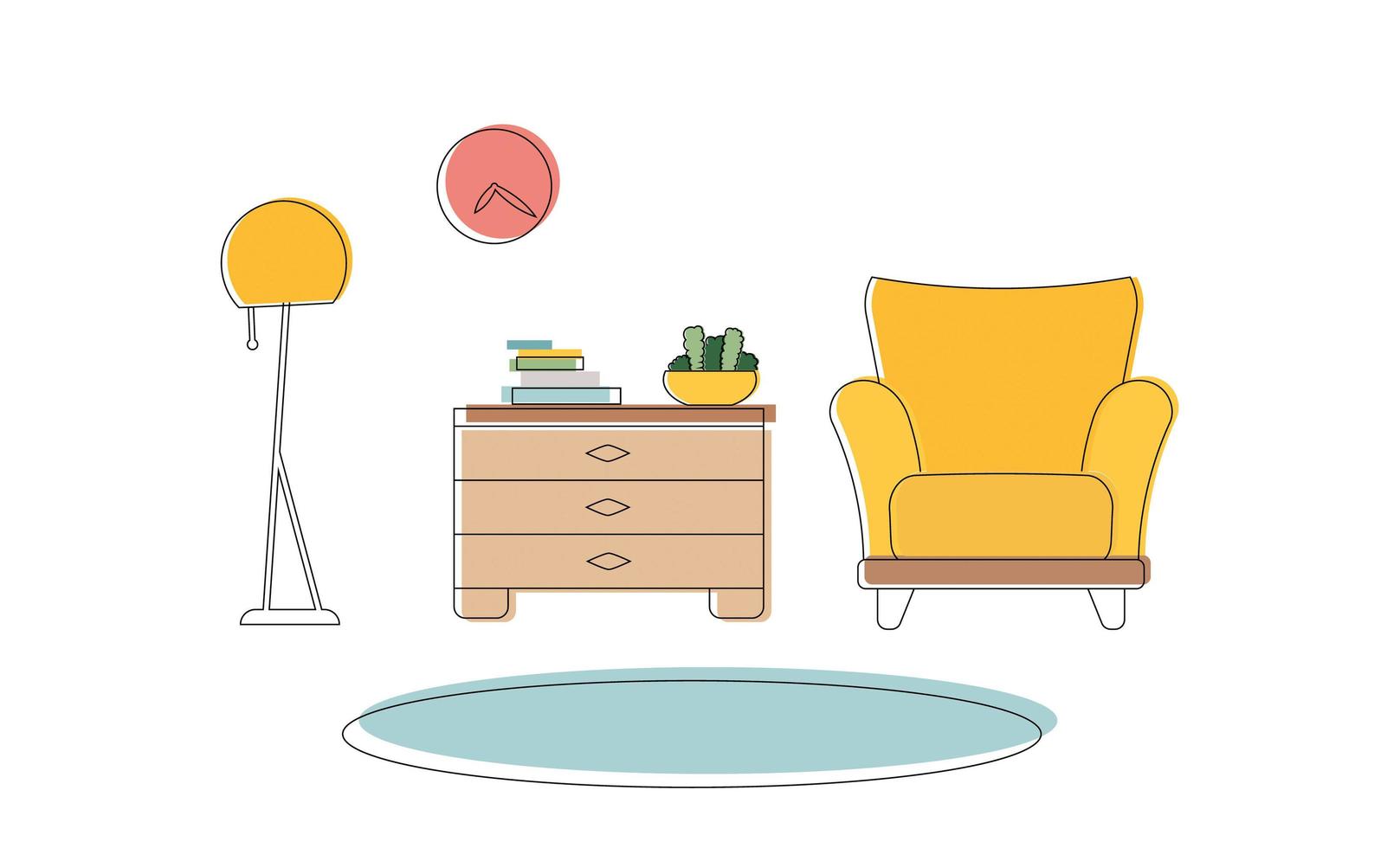 Interior elements in color line art style. Carpet, houseplant, books, chest of drawers, floor lamp, armchair. Suitable for decorating appliques, banners or presentations. Vector